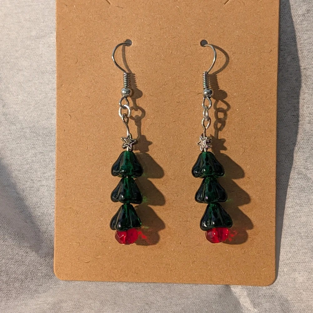 Festive Green and Red Christmas Tree Earrings - Picture 1 of 1